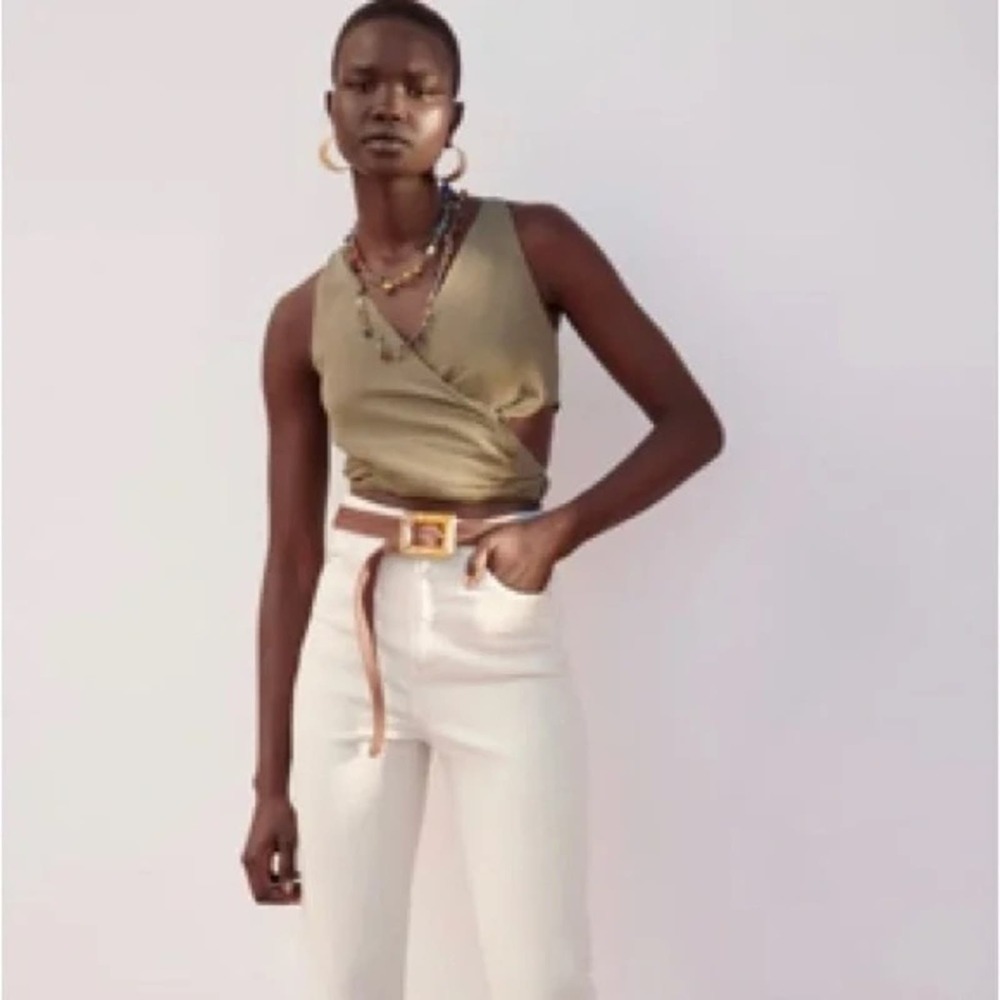 Zara Tan Brown Linen Blend Wrap Cropped Tank Top Size Small